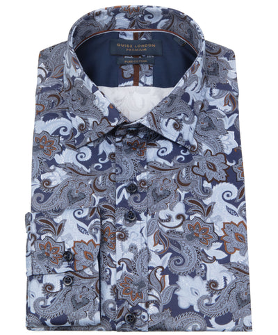 Neatly folded blue and brown paisley long sleeve shirt made from 100% premium cotton, showcasing timeless style and meticulous craftsmanship