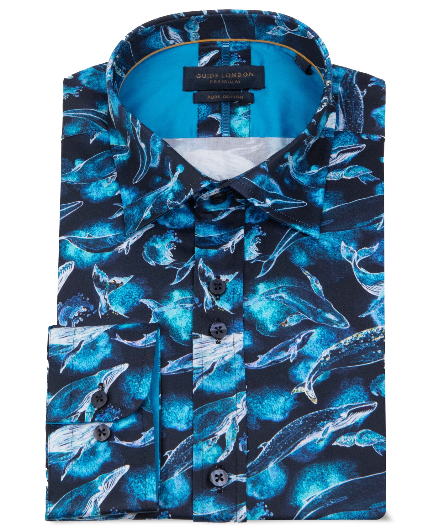 Whale Print Cotton Shirt in Turquoise and Navy