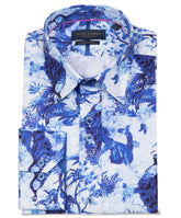 Men's Blue Floral & Peacock Print Cotton Shirt