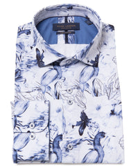 Bird and Floral Print Long Sleeve Cotton Shirt