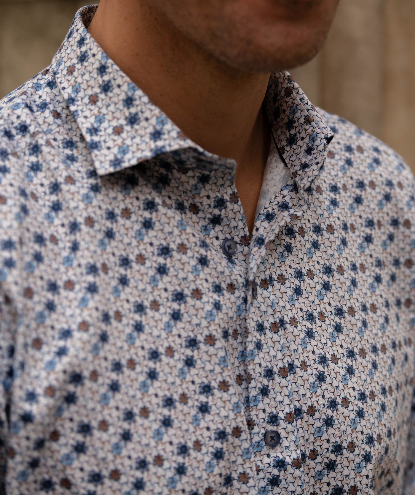 Men's Geometric Print Cotton Shirt in Blues and Tans