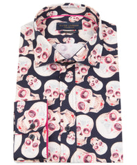 Men's Skull Pattern Long Sleeve Shirt – Beige & Red on Navy