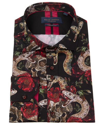 Edgy Skull Red Roses and Snake Print Shirt