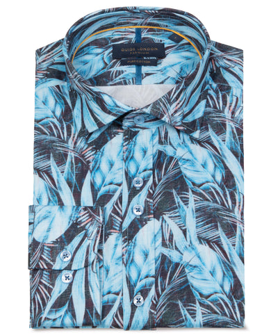 Summer Blue Leafy Pattern Men's Cotton Shirt