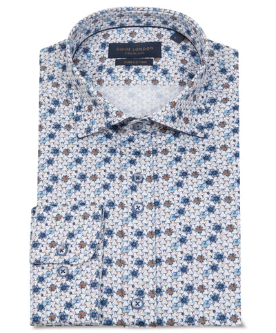 Men's Geometric Print Cotton Shirt in Blues and Tans