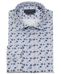 Men's Geometric Print Cotton Shirt in Blues and Tans