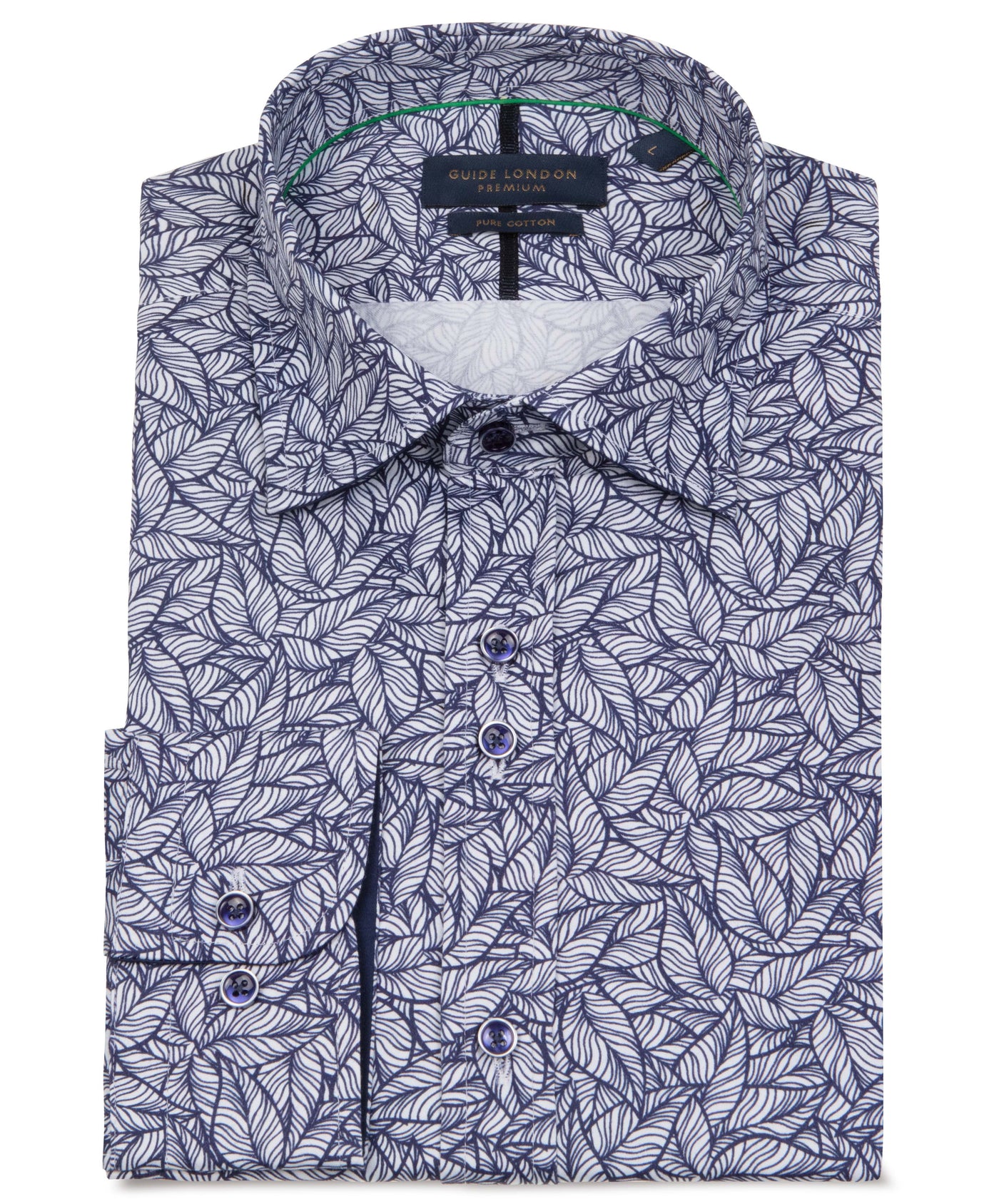 Sophisticated Navy Leaf Print Men's Long Sleeve Cotton Shirt