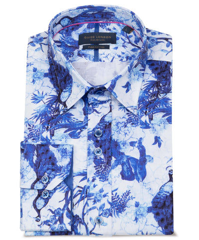 Men's Blue Floral & Peacock Print Cotton Shirt