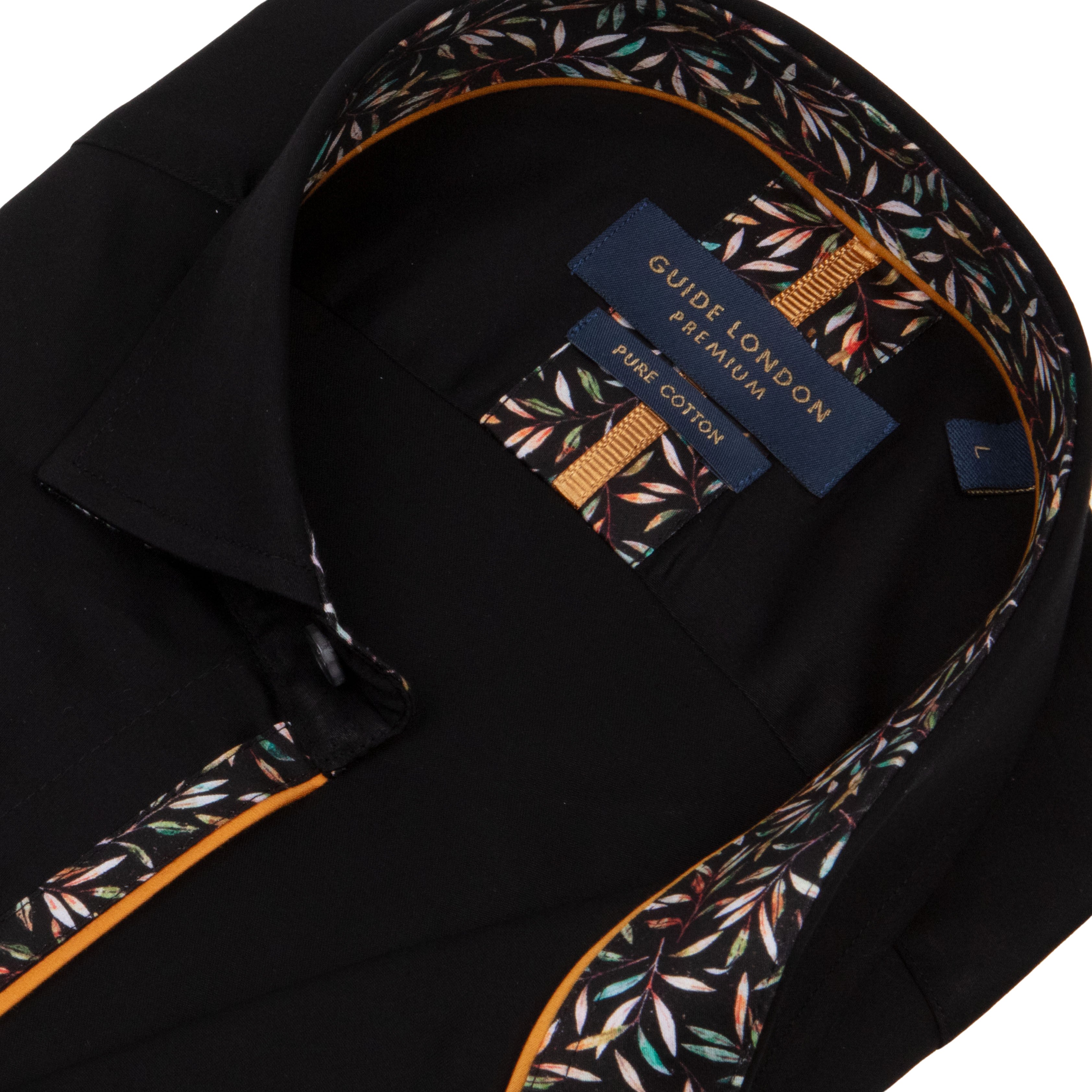 Men's Plain Shirt with Floral Patterned Inner Collar and Cuffs