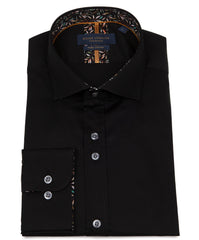 Men's Plain Shirt with Floral Patterned Inner Collar and Cuffs