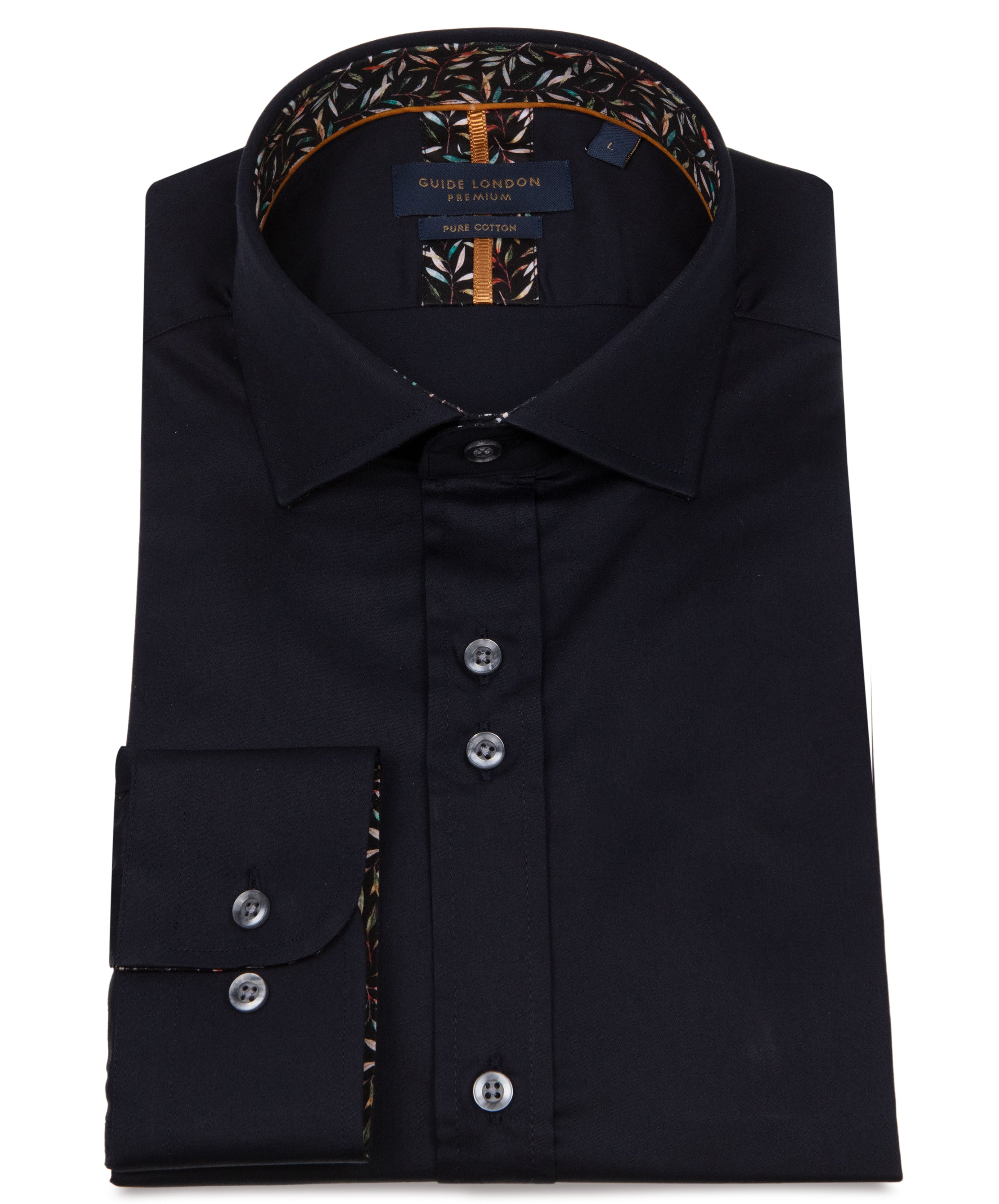 Men's Plain Shirt with Floral Patterned Inner Collar and Cuffs