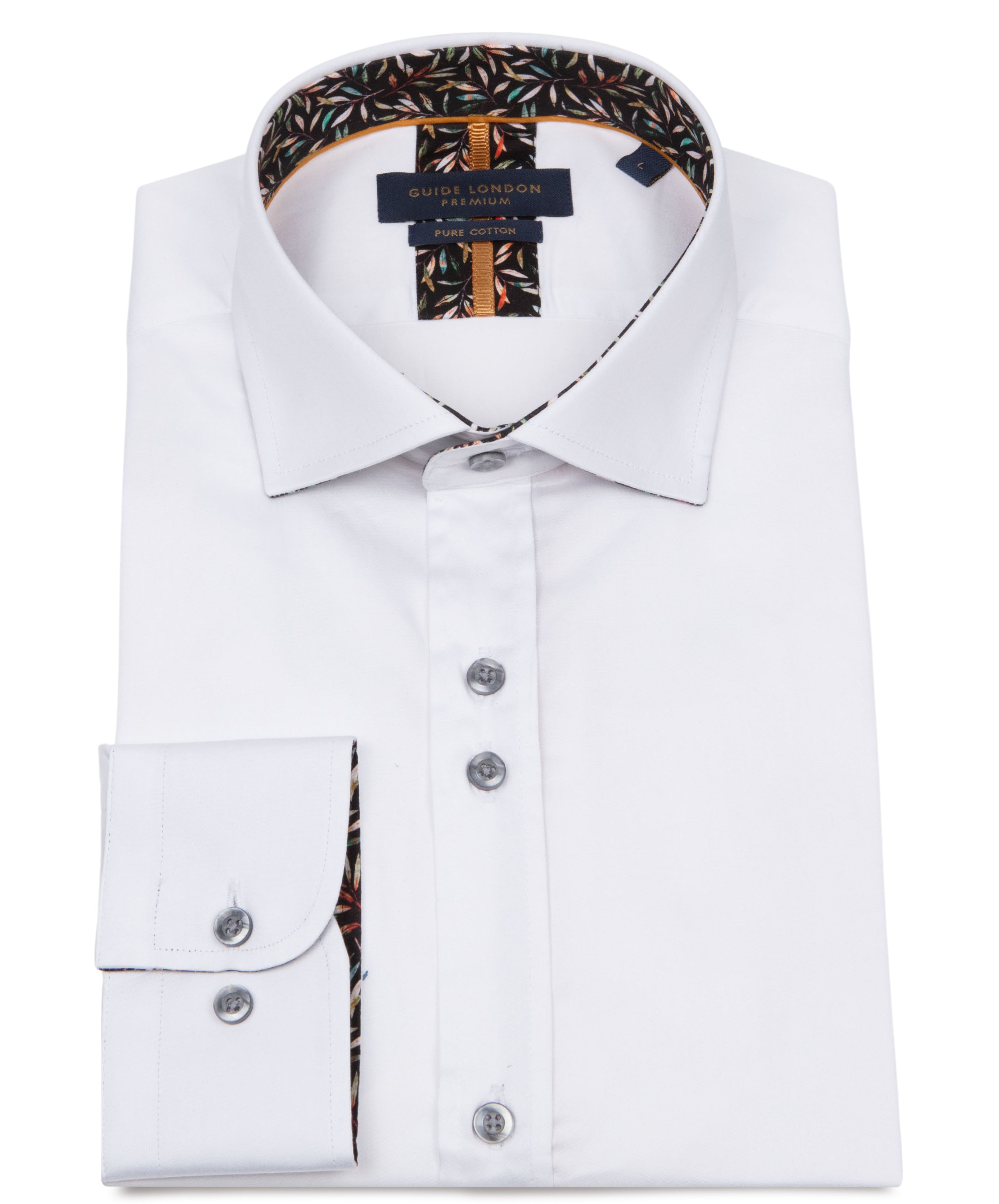 Men's Plain Shirt with Floral Patterned Inner Collar and Cuffs