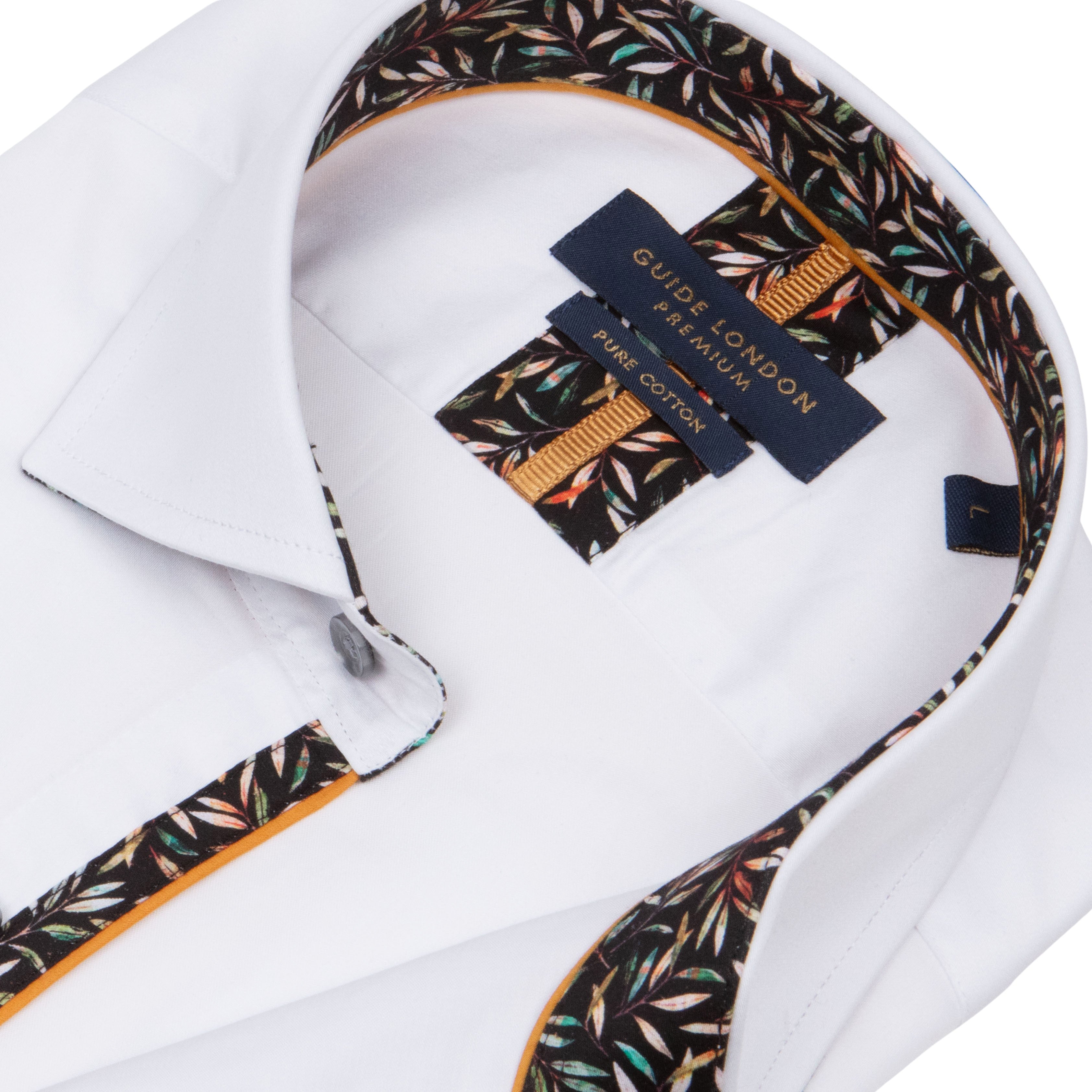 Men's Plain Shirt with Floral Patterned Inner Collar and Cuffs