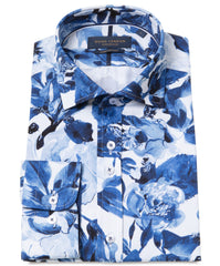 Large Scale Blue and White Rose Print Shirt