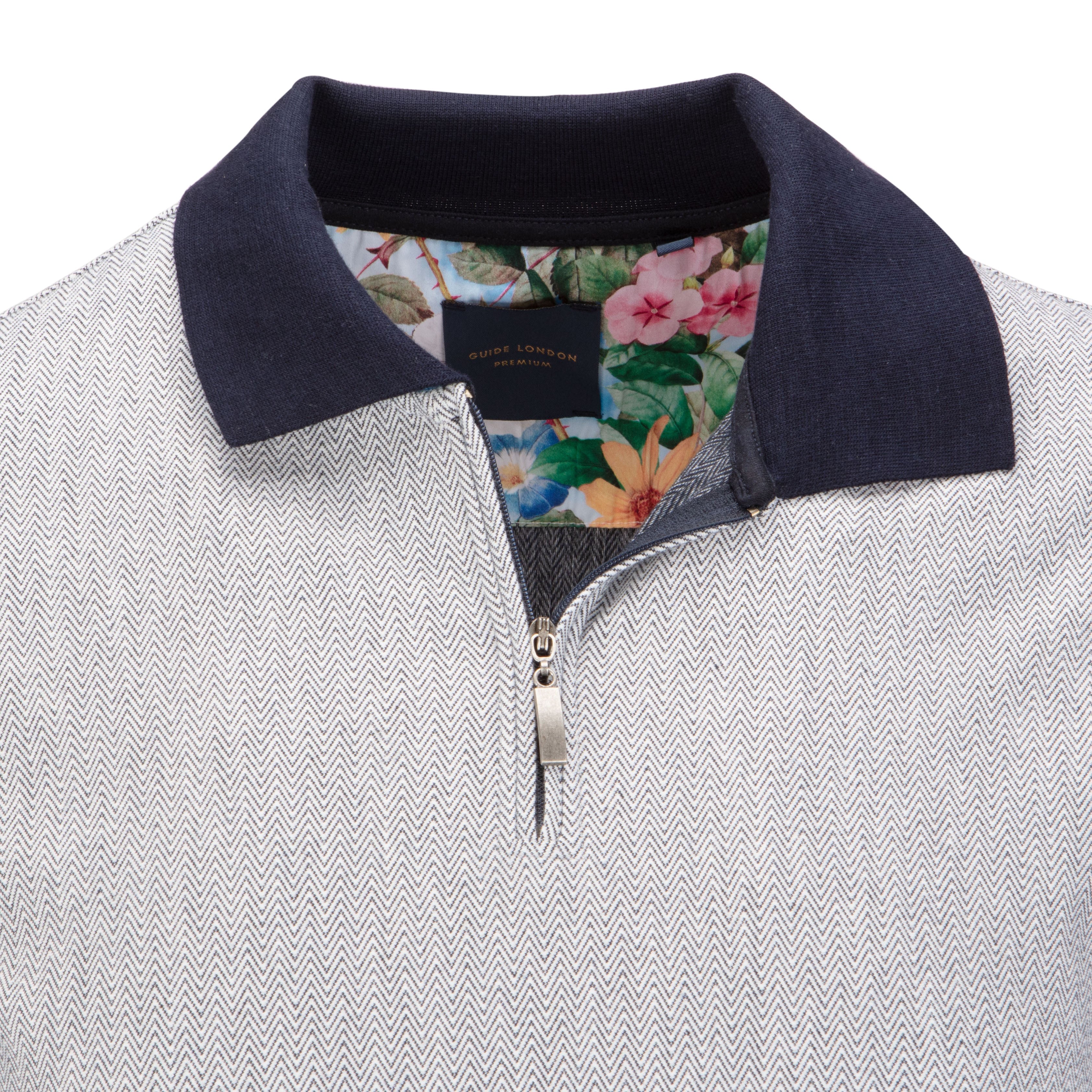 Navy and White Herringbone Polo Shirt