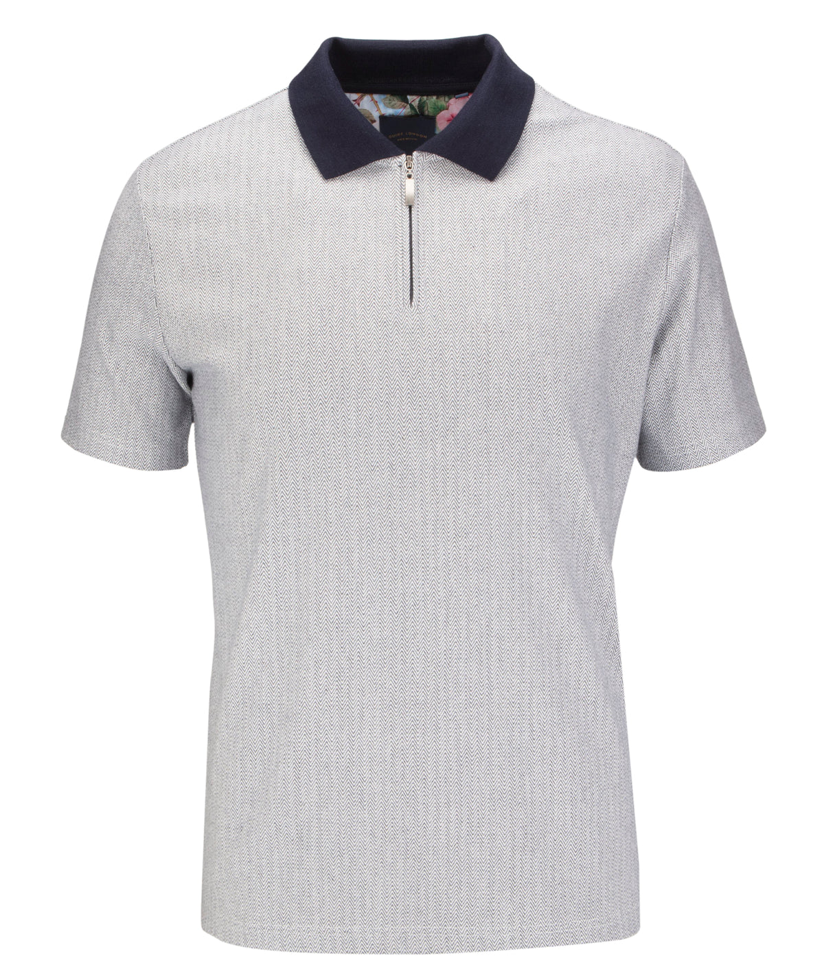 Navy and White Herringbone Polo Shirt