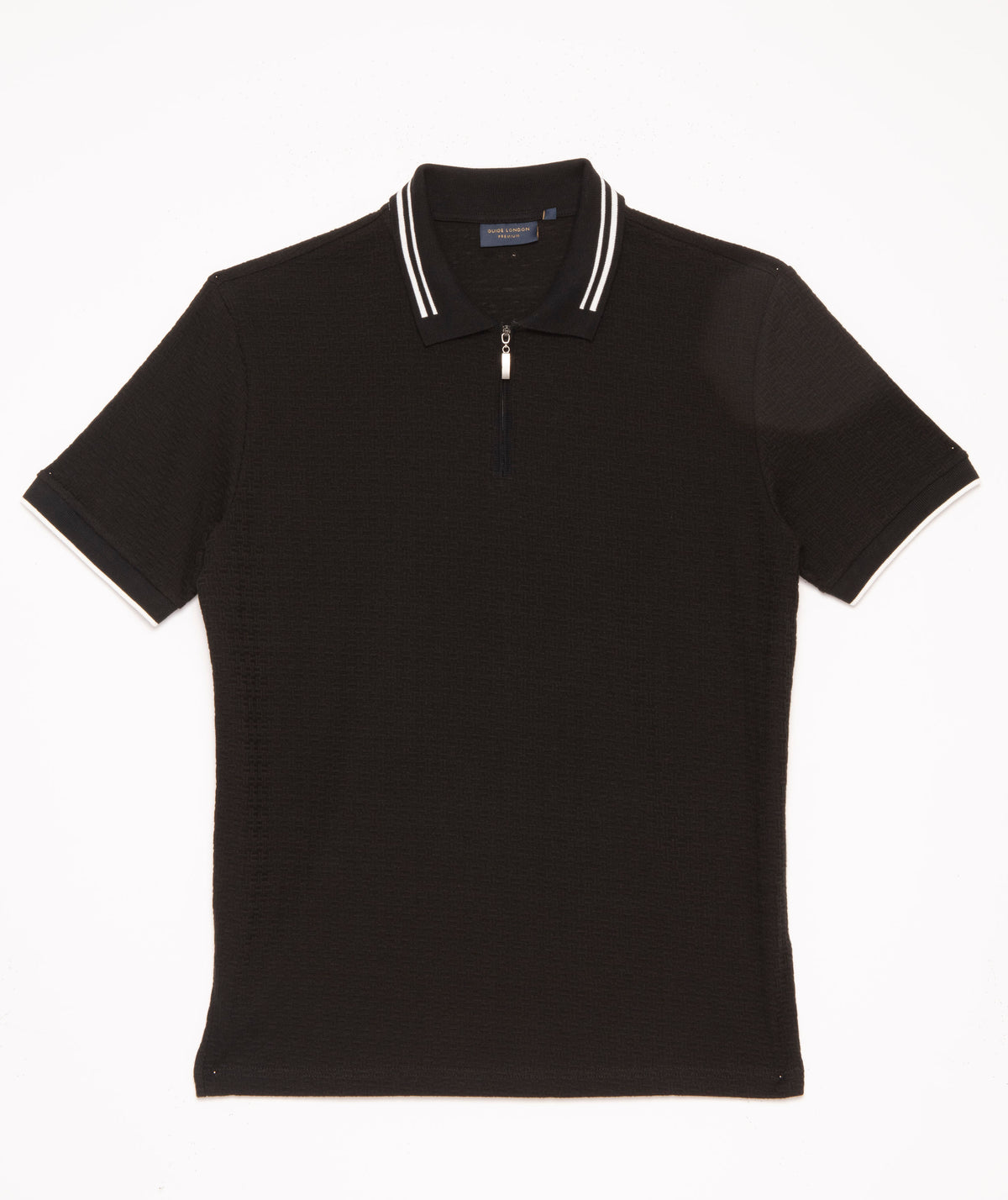 Short Sleeve Black Jersey with White Stripes and Half-Zip