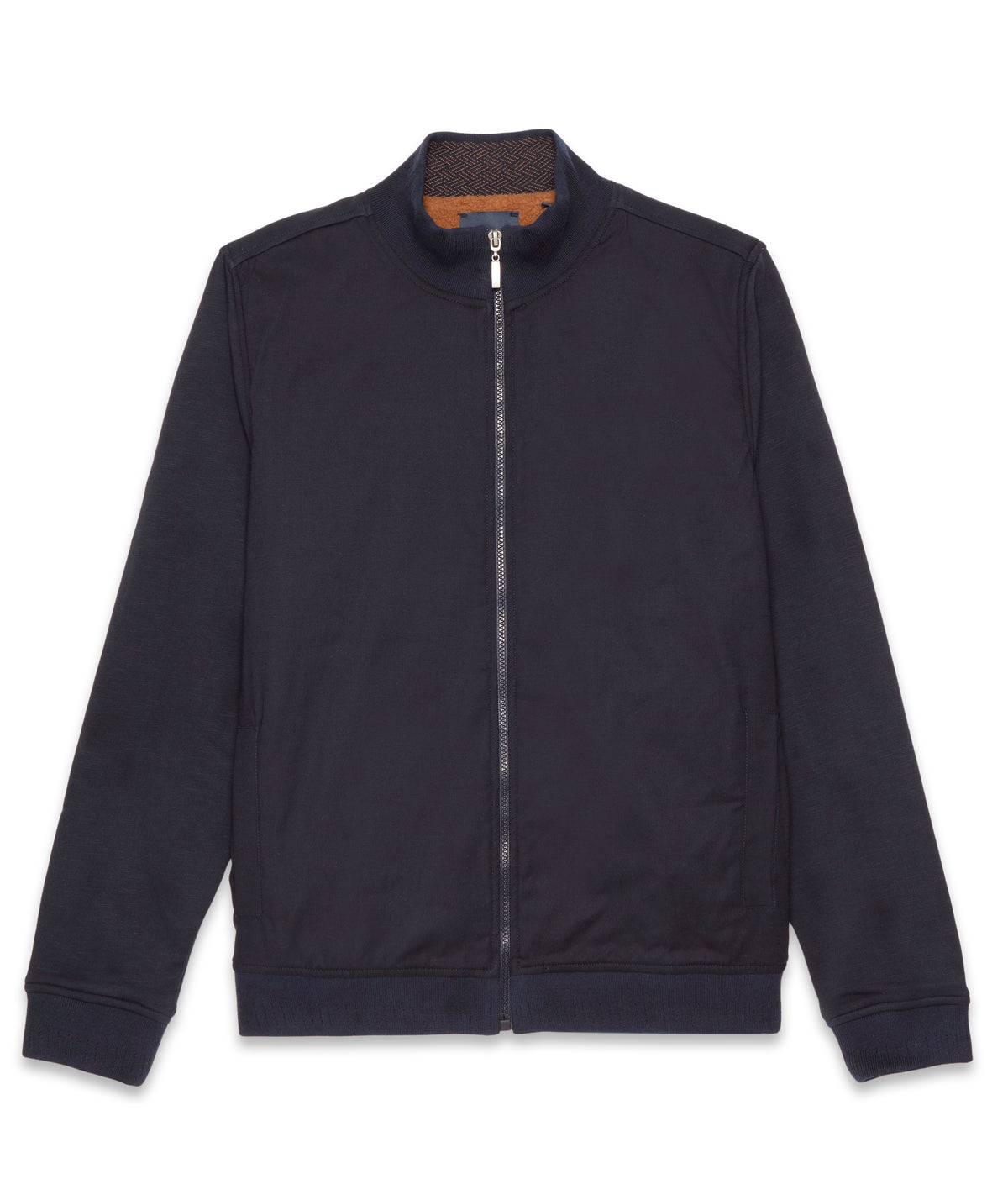 Classic Navy Bomber Jacket with Modern Contrast Details