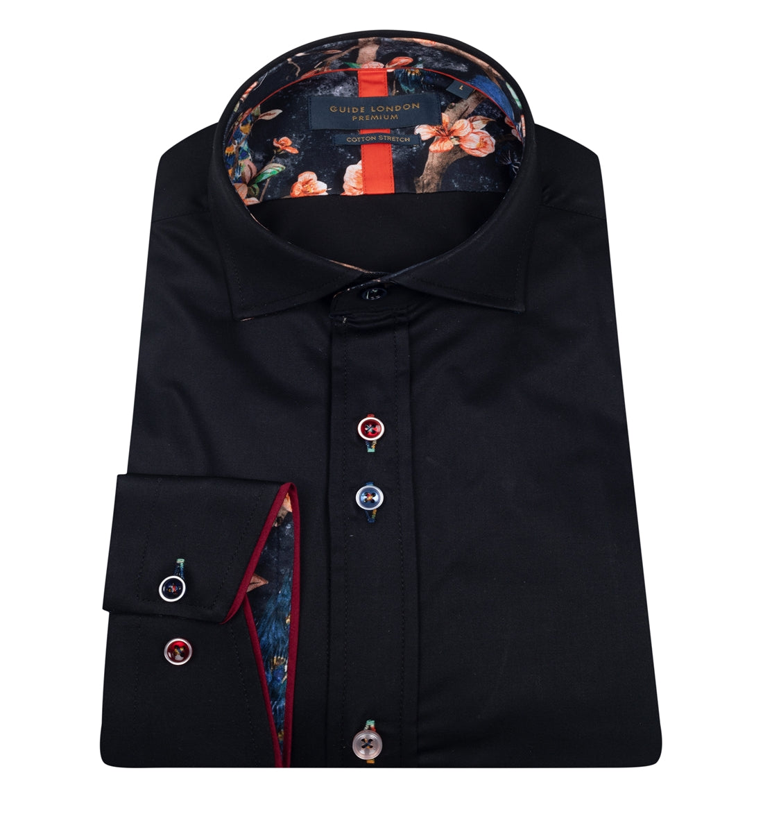 Stretch sateen shirt with multicoloured buttons