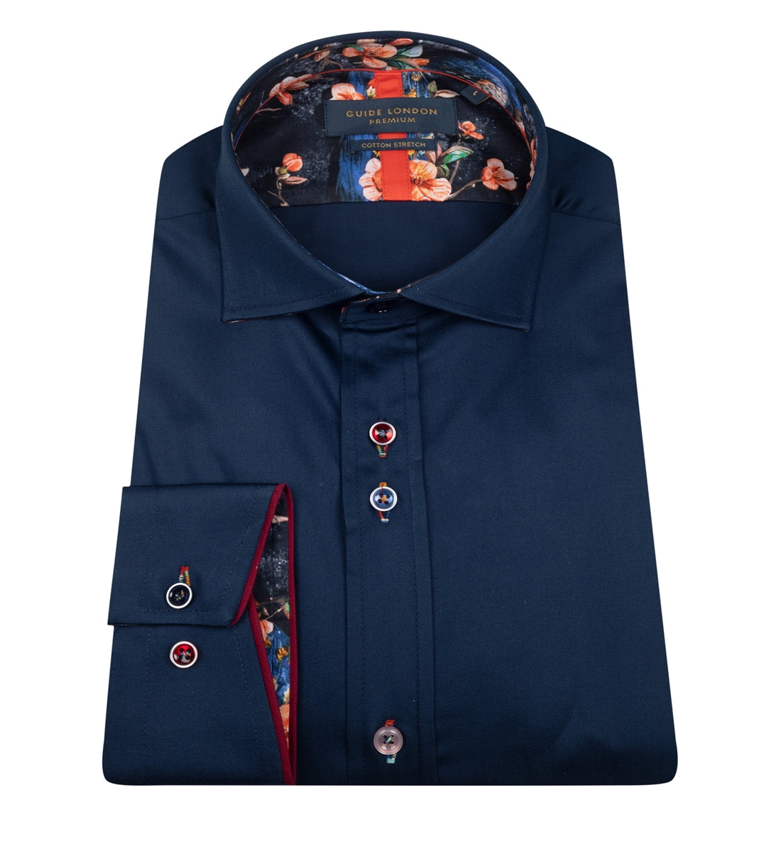 Stretch sateen shirt with multicoloured buttons