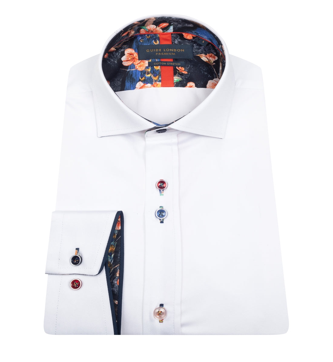 Stretch sateen shirt with multicoloured buttons
