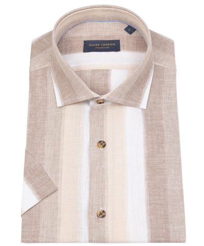 Short SLeeve Cotton Linen Tan Stripe Shirt