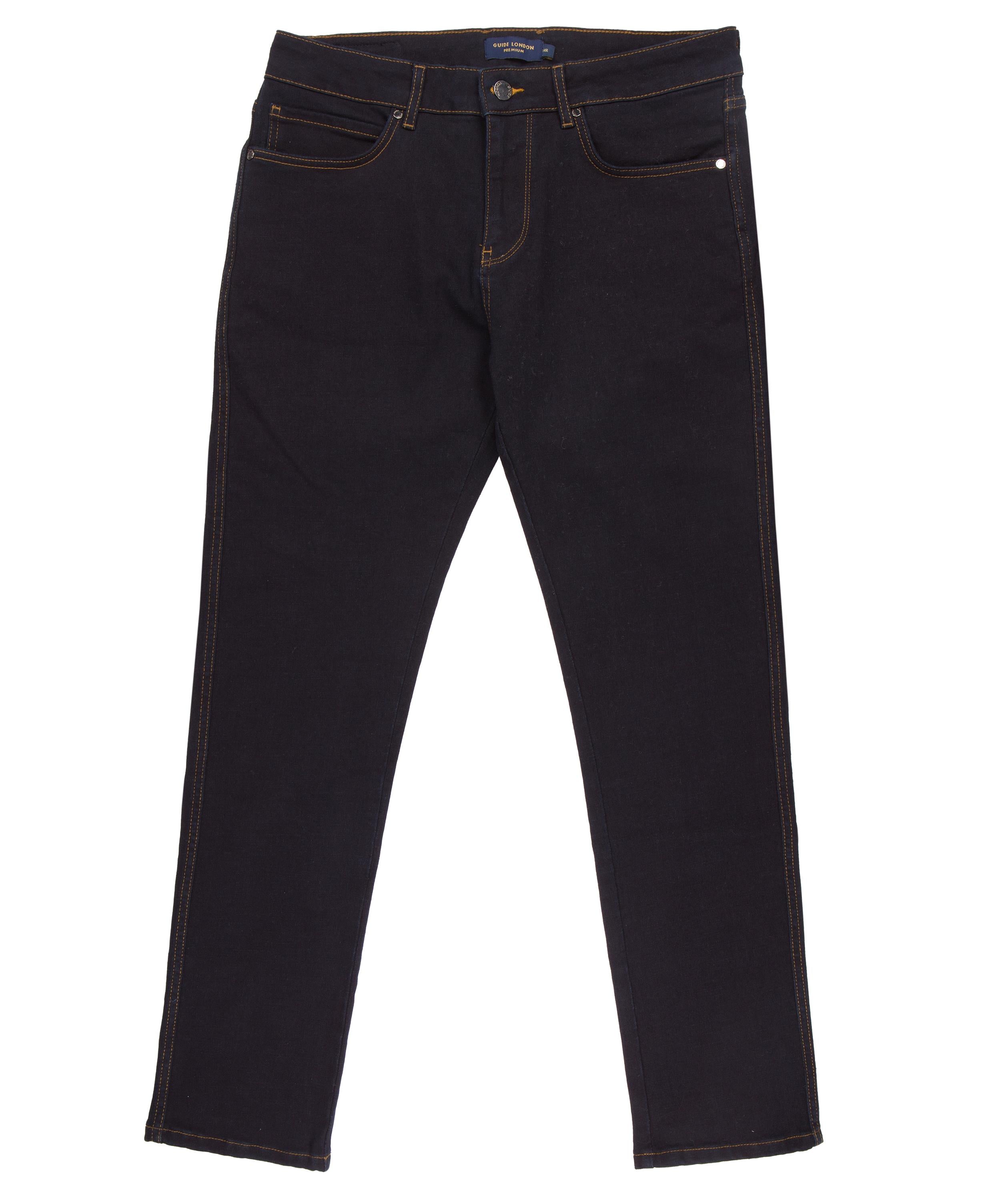 Dark wash slim jean with contrast stitching