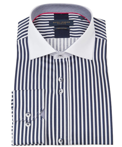 Long Sleeve White Collared Navy Striped Print Shirt