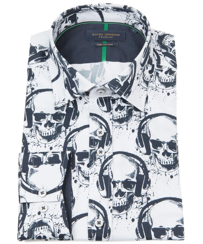 Long Sleeve Retro Headphone Skull Print Shirt
