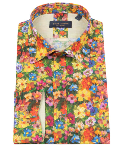 Long Sleeve Bright Floral Print Linen Blend Shirt